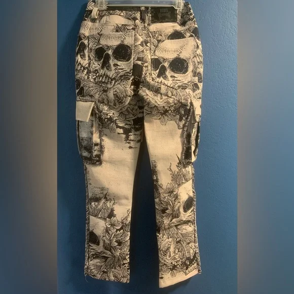 NWT Rebel Vengeance Men's Tapestry Skull Cargo Pants Skeleton Fringe Goth 28